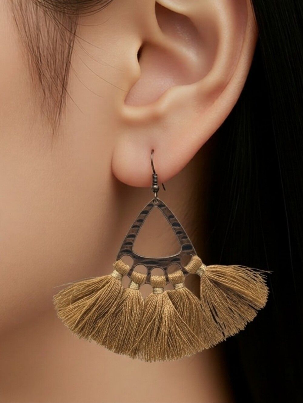 Mocha Brown Tassel Triangle Earrings Boho Festival Babe Statement Dangle Jewelry